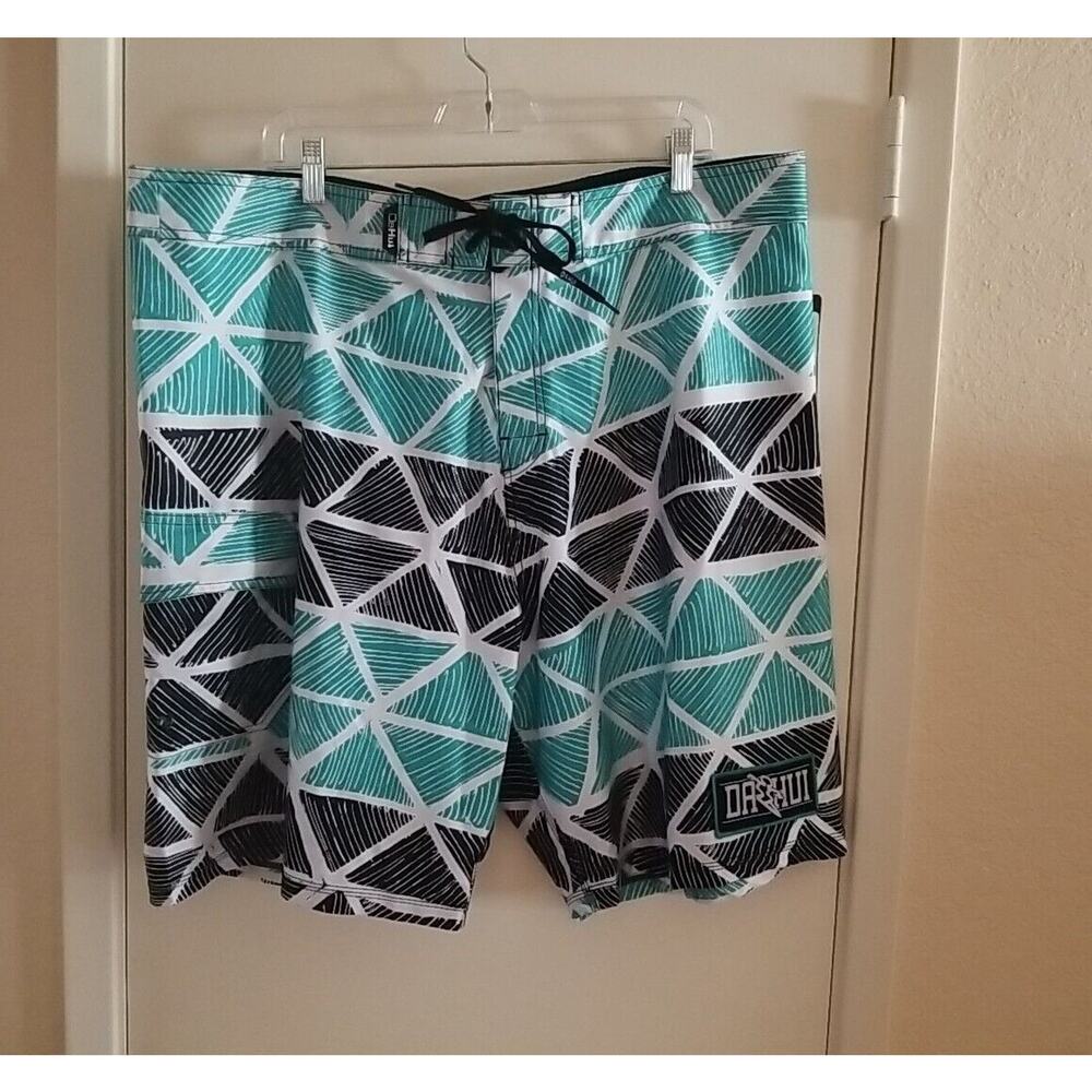 DaHui Men's 42 Board Shorts Blk/Seafoam Green Hawaii Beach Swim Trunks Surf NWT - Picture 2 of 11